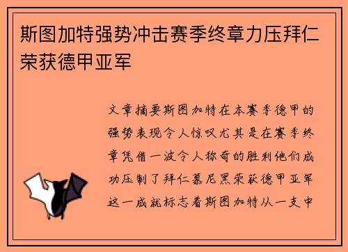 斯图加特强势冲击赛季终章力压拜仁荣获德甲亚军